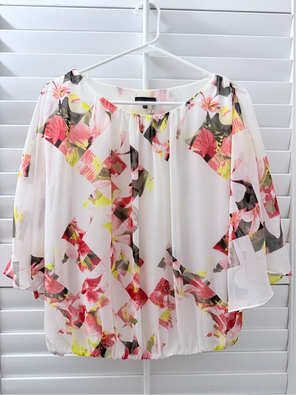 Vince Camuto White Sheer Blouse with Pink & Yellow Floral Geometric Print